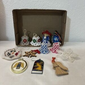 VTG Handmade Christmas Ornaments Bells Stained Glass Cross-stitched Angel Lot 12